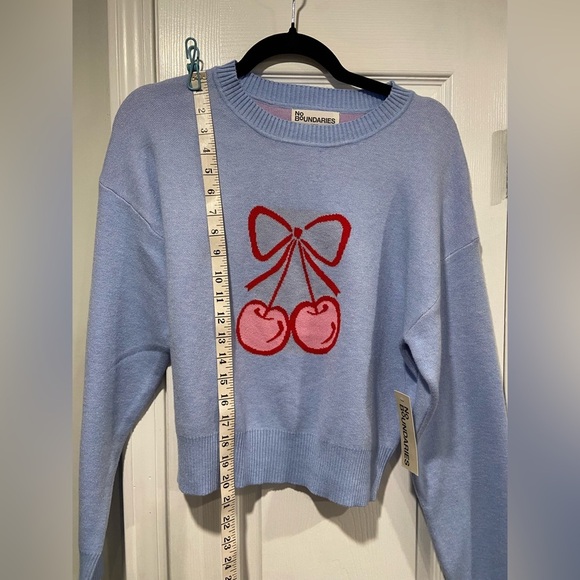 NWT No Boundaries Size M Blue Crew Neck Long Sleeve Soft Sweater Cherries Bow - Picture 9 of 11